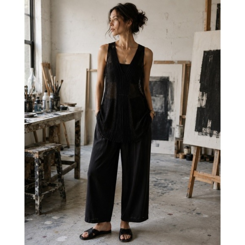 Eileen Fisher Black Sheer Knit Pleated Tunic Tank XS‎ Petite Artsy Minimalist